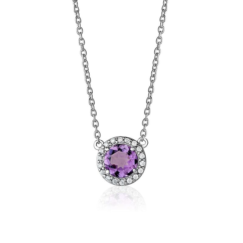 Amethyst CZ Halo Sterling Silver Necklace - Click Image to Close
